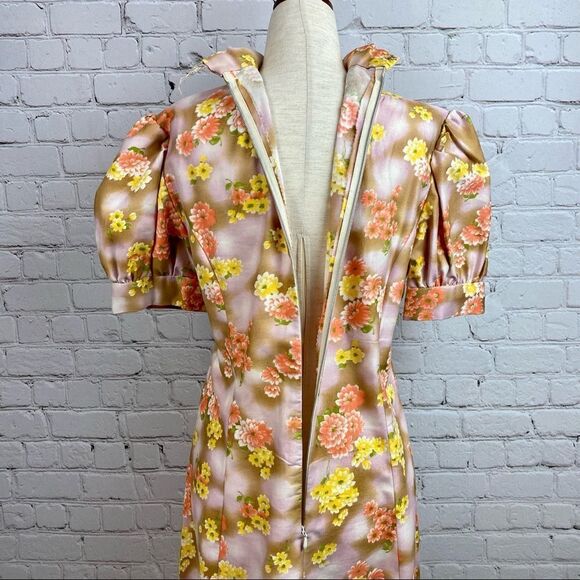 Vintage 60s Daisy Floral Puff Sleeve Mock Neck Bow Waist Belt Maxi Dress - Picture 5 of 10